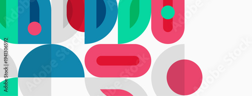 Abstract geometric shapes overlap, creating colorful patterns. Teal, pink, green hues dominate composition. Minimalist design.