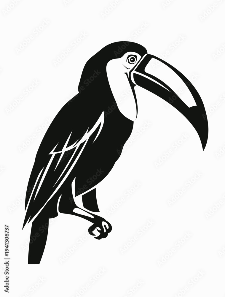 Obraz premium Black and white illustration of a toucan bird perched on a branch vector design