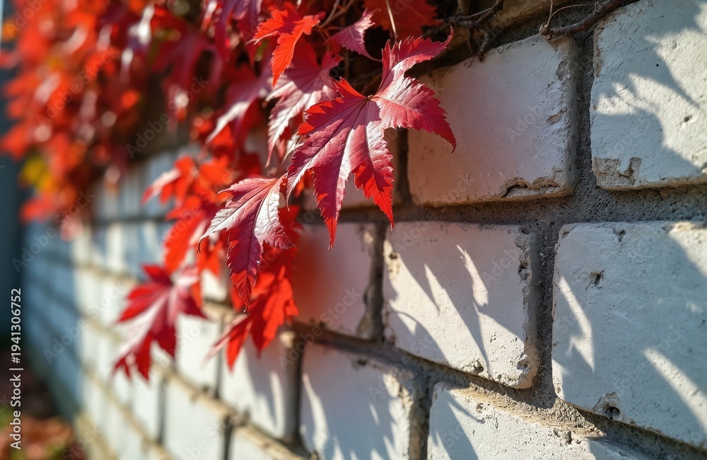 Obraz premium Red ivy leaves grow on a white brick wall. Autumn vines climb structure in bright sunlight. Fall season foliage displays vibrant colors on garden exterior.