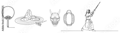 Continuous one line drawing of Japanese cultural symbols featuring Kendo warrior Zen garden and Hannya mask