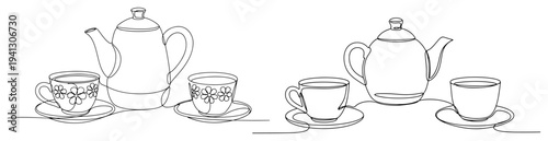 One line drawing of traditional tea sets with teapots and cups on a table