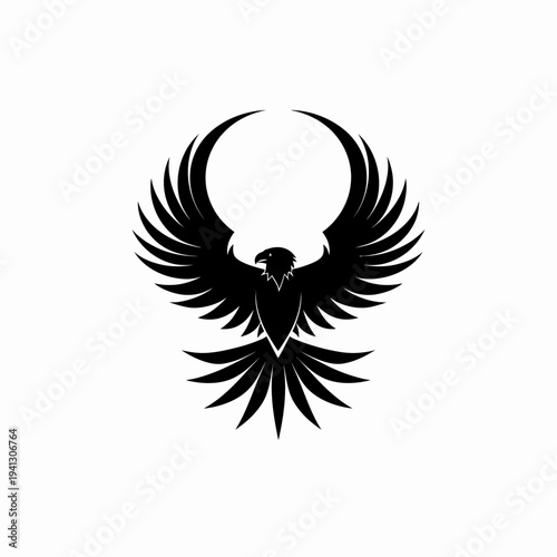 Soaring eagle silhouette in black on white background design element