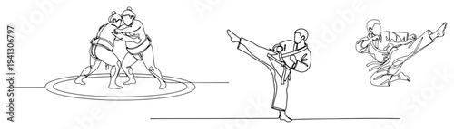 Set of continuous line drawings showcasing Japanese martial arts with sumo wrestlers and karate kick actions