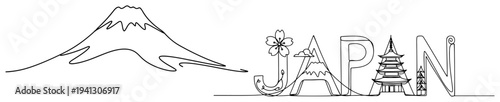 Single continuous line drawing of Mount Fuji and Japan typography with pagoda and cherry blossom symbols