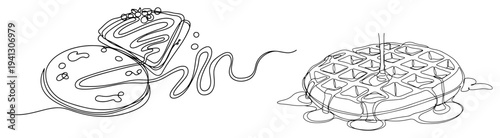 Continuous line art illustration of sweet desserts with waffle pancake and cookie