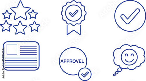 Quality Marks: A collection of clean line icons, encompassing symbols of quality, approval, and satisfaction, meticulously crafted to represent excellence and positive feedback.
