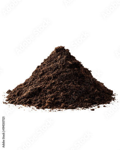 Fresh dark humus soil pile isolated on white background for gardening and agriculture