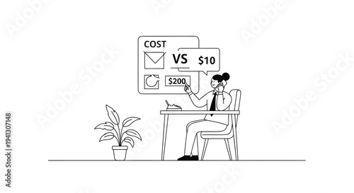 Vector illustration of businessman comparing costs at desk