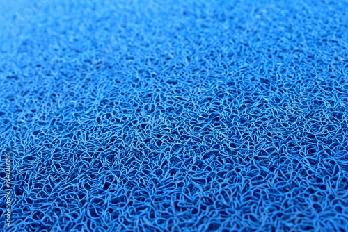 A blue doormat with a texture like intricate threads.