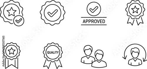 Quality Emblems and Badges: A selection of elegantly crafted icons showcasing excellence, approval, and guaranteed quality. These visuals are perfect for representing high standards and trust.