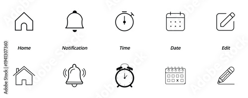Web icons set address home notification bell stopwatch timer calendar and edit pen symbols