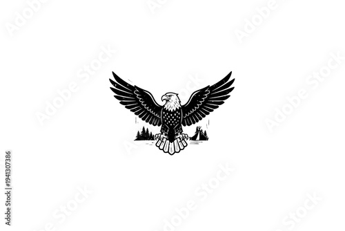 Eagle Vintage Camping Illustration, Rustic Outdoor Heritage Vector, Engraving Style, Retro Americana Aesthetic, Black and White Linocut Graphic for Branding and Apparel Design