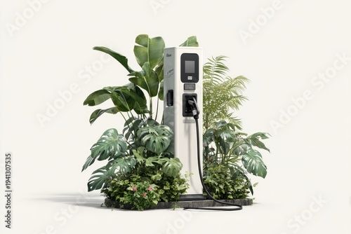 Electric car charger surrounded by lush greenery