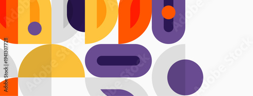Abstract geometric shapes overlap. Orange, purple, yellow hues dominate design. Minimalist style creates modern aesthetic.