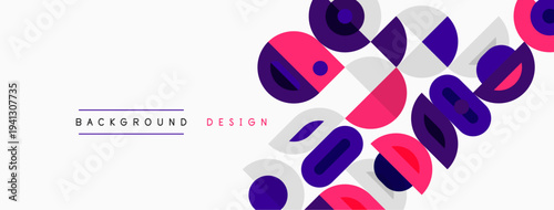 Abstract geometric pattern. Circles, squares overlap creating dynamic visual effect. Pink, purple, white hues dominate composition. Modern design element.