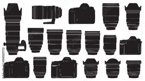 Camera Silhouettes Collection in Modern Minimalist Style with Black Color on White Background for Graphic Design