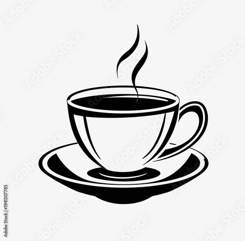 Steaming coffee cup silhouette on saucer isolated on white background