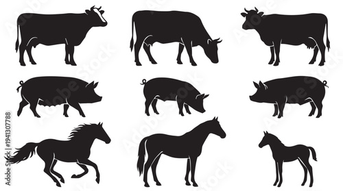 Farm Animals Silhouettes in Various Poses on White Background in Black and White Illustration for Agriculture
