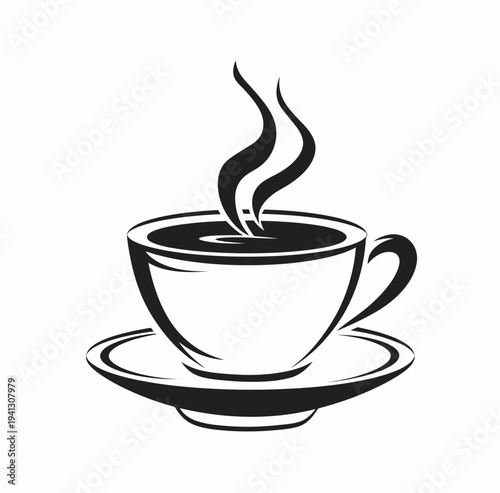 Steaming cup of coffee on saucer vector illustration black and white