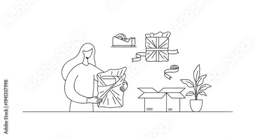 Set of 1 minimalist line art vector illustration of woman unpacking
