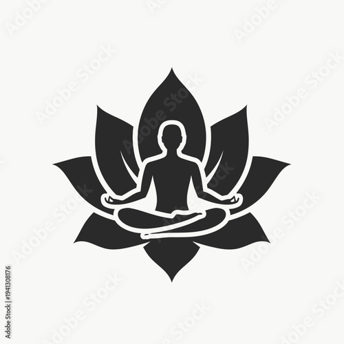 Meditating figure in lotus position within a stylized floral element vector design