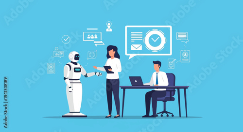 Business office collaboration between human workers and autonomous robot assistant team