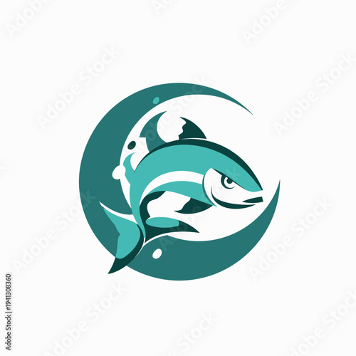Stylized illustration of a fish jumping over a wave inside a crescent