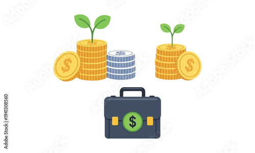 Financial Growth and Investment: Illustrative stacks of coins, some bearing emerging green sprouts, stand beside a business briefcase. The scene depicts growth, financial success.