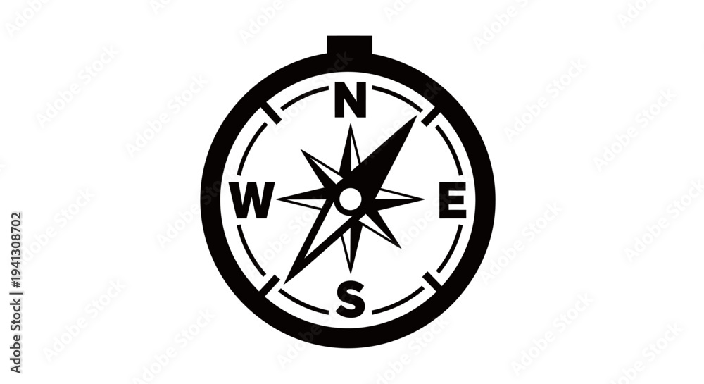 Fototapeta premium Black and white compass icon depicting navigation and direction on white background