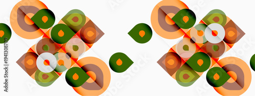 Abstract geometric pattern. Overlapping circles, squares create repeating design. Orange, green hues dominate neutral background.