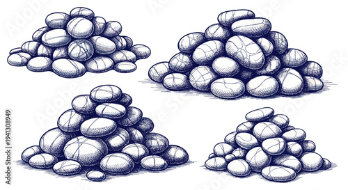 Hand Drawn Piles of Smooth Stones and Pebbles - Sketch Style
