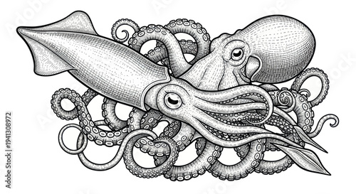 Detailed Illustration of Squid and Octopus Tentacles in Black and White
