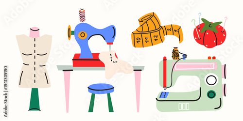 Creative sewing and needlework hobby elements set in cartoon doodle style. Tailor equipment and crafting tools vector illustration