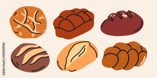 Collection of various fresh bread types in cartoon doodle style. Hand drawn flat vector illustrations of bakery products for stickers, labels, prints