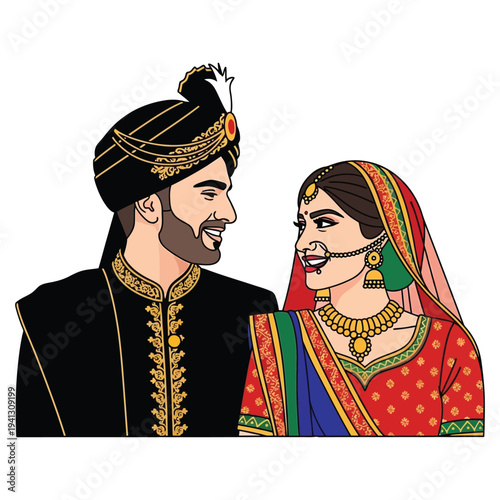 Pakistani bride and groom in wedding attire, looking at each other