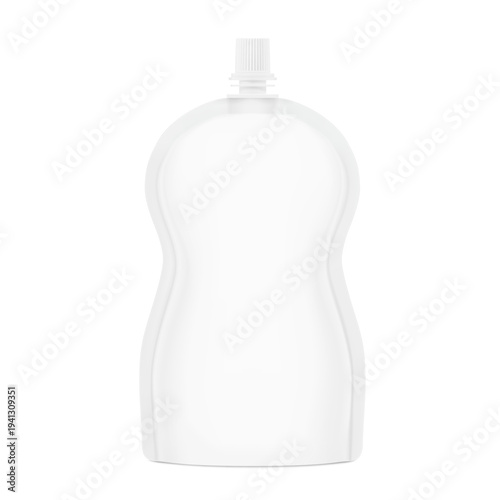 Shaped pouch bag with spout mockup. Vector illustration isolated on white background. Front view. Can be use for template your design, presentation, promo, ad. EPS10.