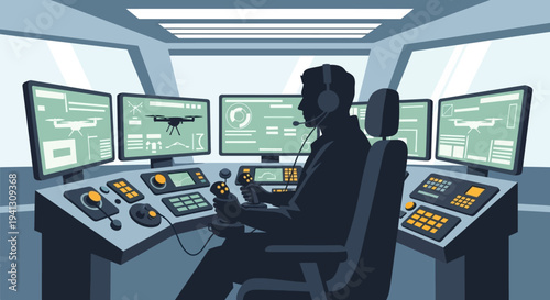Experienced operator orchestrating intricate drone operation from a high-tech command control room, monitoring multiple displays and executing complex missions with precision