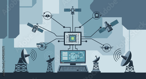 A comprehensive global communication network illustration showcasing advanced data exchange via interconnected satellites and ground stations, enabling robust digital connectivity