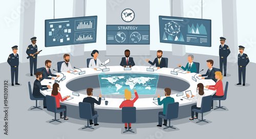 Strategic War Room Meeting Illustration with Global Map and Professionals Discussing Plans for Global Strategy and Operations