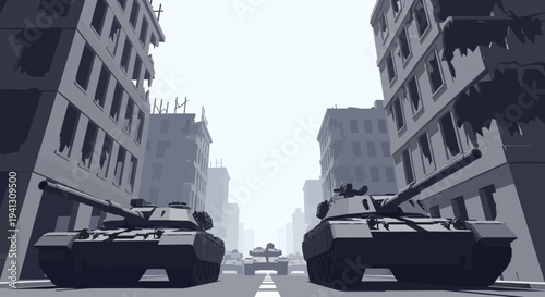 Armored tanks advance through a ruined city, a powerful depiction of urban warfare, widespread destruction, and military might in a desolate environment