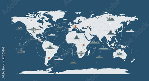 Detailed illustration of the complex global maritime network, showcasing interconnected naval vessels and strategic routes vital for international influence and security