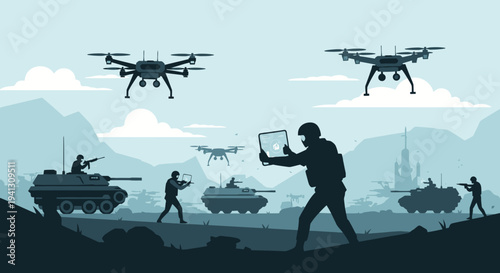 Future military conflict soldiers, tanks, and advanced drones engaged in strategic warfare, highlighting technological advancements and autonomous combat operations