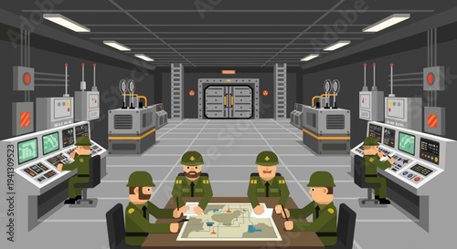 Pixel art depicting a military command center bunker. Officers conduct strategic planning, analyzing maps for tactical operations in a secure war room