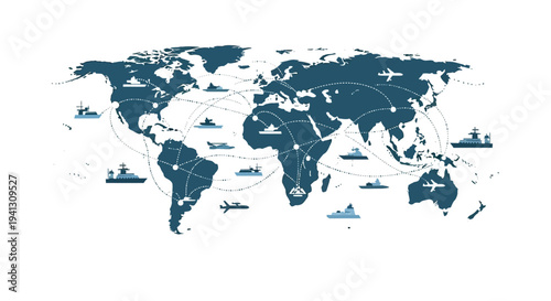 Global Shipping and Logistics Network Connecting Continents with Ships, Planes, and Ports for Worldwide Trade and Commerce