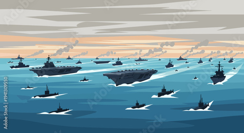 Massive naval fleet exercise with numerous aircraft carriers and submarines sailing on the ocean under a dramatic sky, showcasing maritime power and strategic naval maneuvers in a grand display