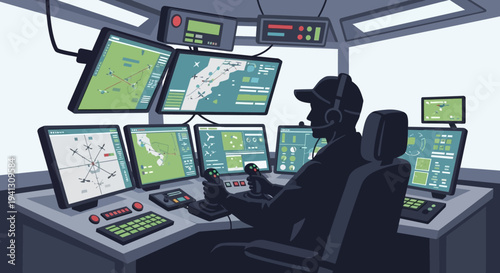 Air traffic controller working in a modern control tower, monitoring flights on multiple screens with joysticks and complex navigation interfaces