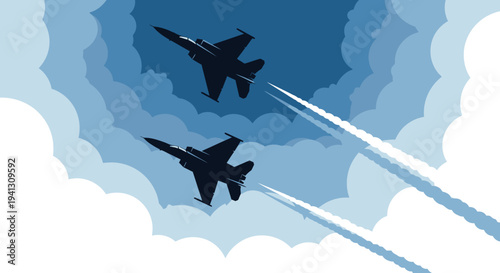 Two sleek fighter jets soar through a cloudy sky, leaving white contrails behind them, illustrating speed and aerial prowess in a graphic illustration