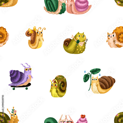Cute funny snails, seamless pattern design. Garden animals, spring slugs, endless background, repeating print, texture for kids textile, fabric, wrapping and wallpaper. Flat vector illustration