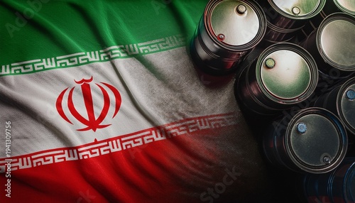 oil barrels placing on iran flag in the dark; free space for text