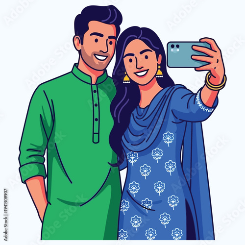 Young indian couple taking selfie together wearing traditional green kurta and blue embroidered salwar kameez